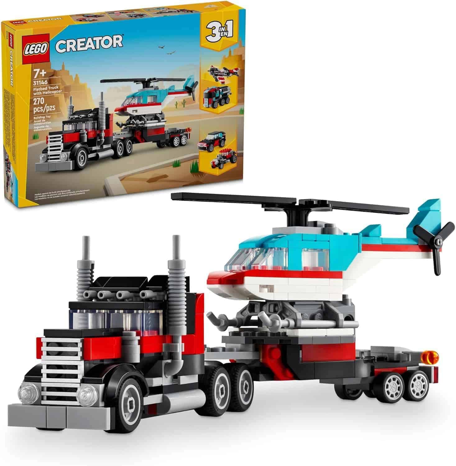 LEGO Creator 3-in-1 set showing a red and black semi-truck with trailer hauling a helicopter, with the set box in the background displaying alternate build options.