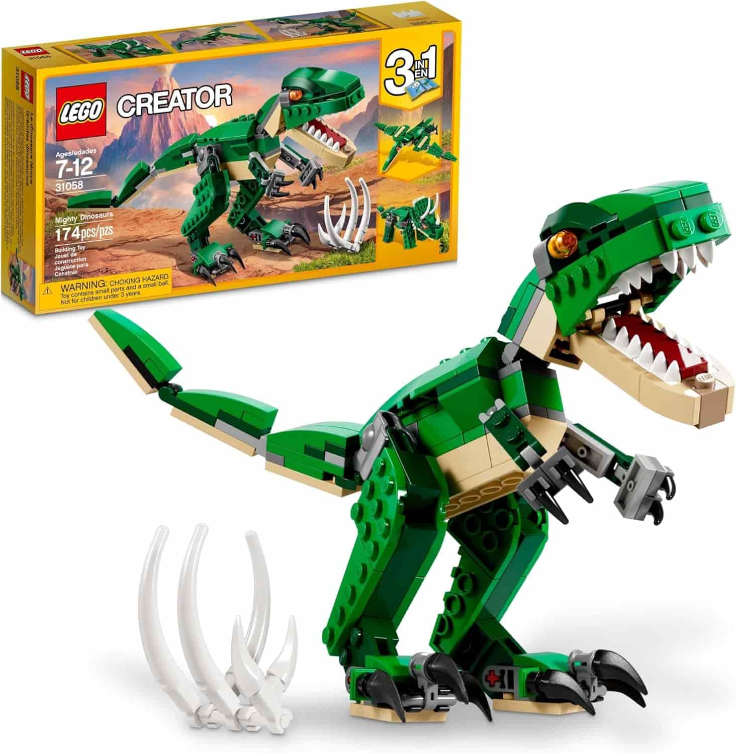 LEGO Creator 3-in-1 dinosaur building set with a green T-Rex model, bones accessory, and the product box in the background.