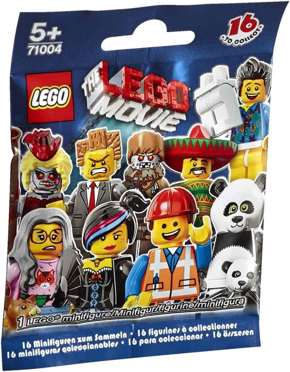 A sealed LEGO Movie minifigure blind bag featuring various collectible characters, recommended for ages 5 and up, with vibrant images of minifigures on the packaging.