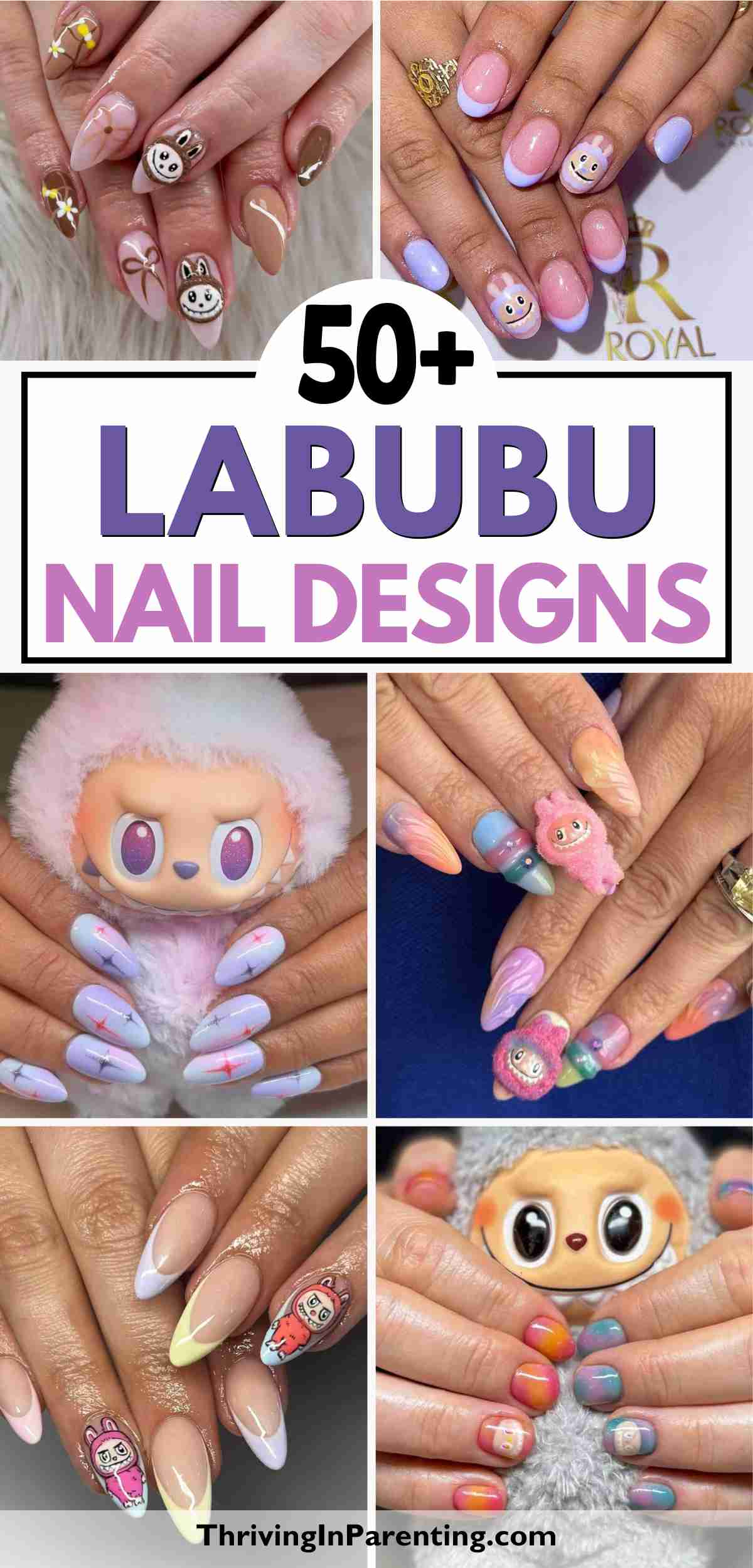 A collage of hands with various colorful labubu nail ideas, featuring cartoon character faces and motifs, alongside a plush Labubu toy.