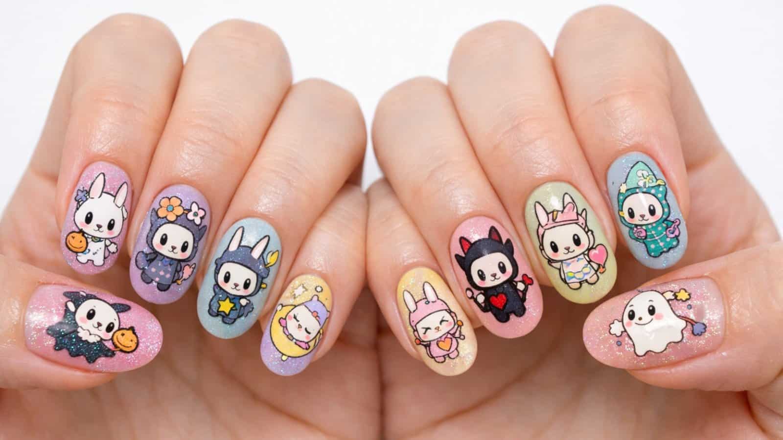 Hands with pastel-colored, glittery nail polish, each nail featuring a different cute labubu design.