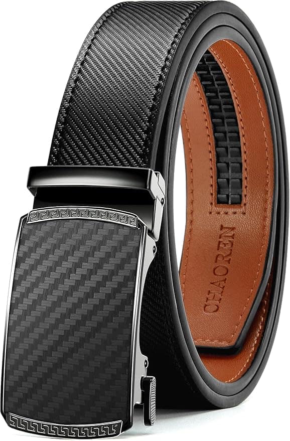 A black leather belt with a textured carbon fiber-style buckle and brown inner lining, branded with the name "CHAOREN.