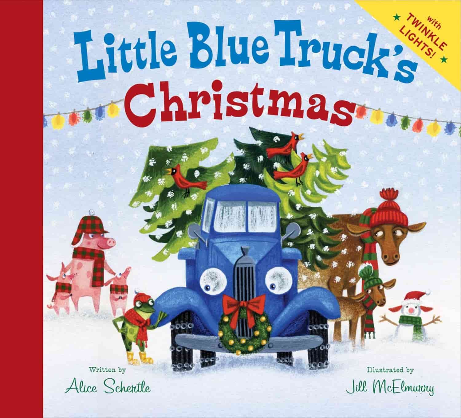 Cover of the children's book "Little Blue Truck's Christmas," showing a blue truck with animals, Christmas trees, and a snowy background.