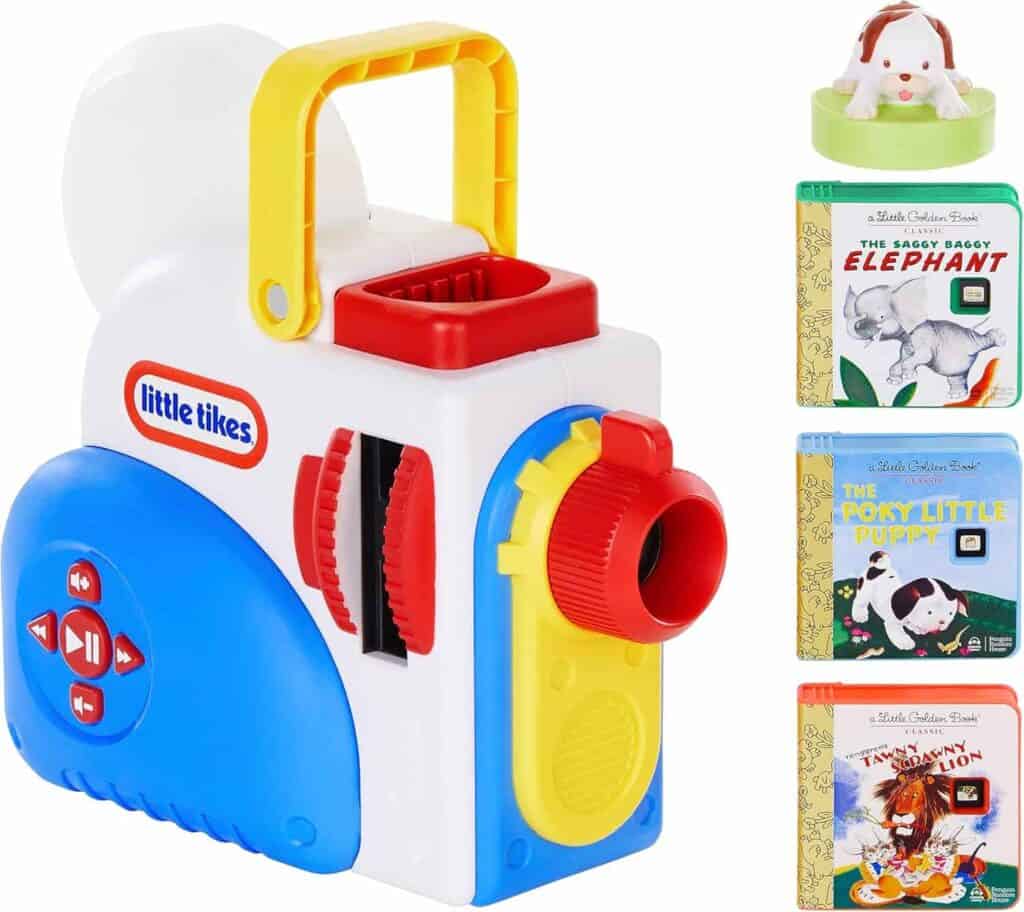 A toy projector with buttons and handle, alongside three children's books and a small puppy figurine. The books shown are "The Saggy Baggy Elephant," "The Poky Little Puppy," and "The Tawny Scrawny Lion.
