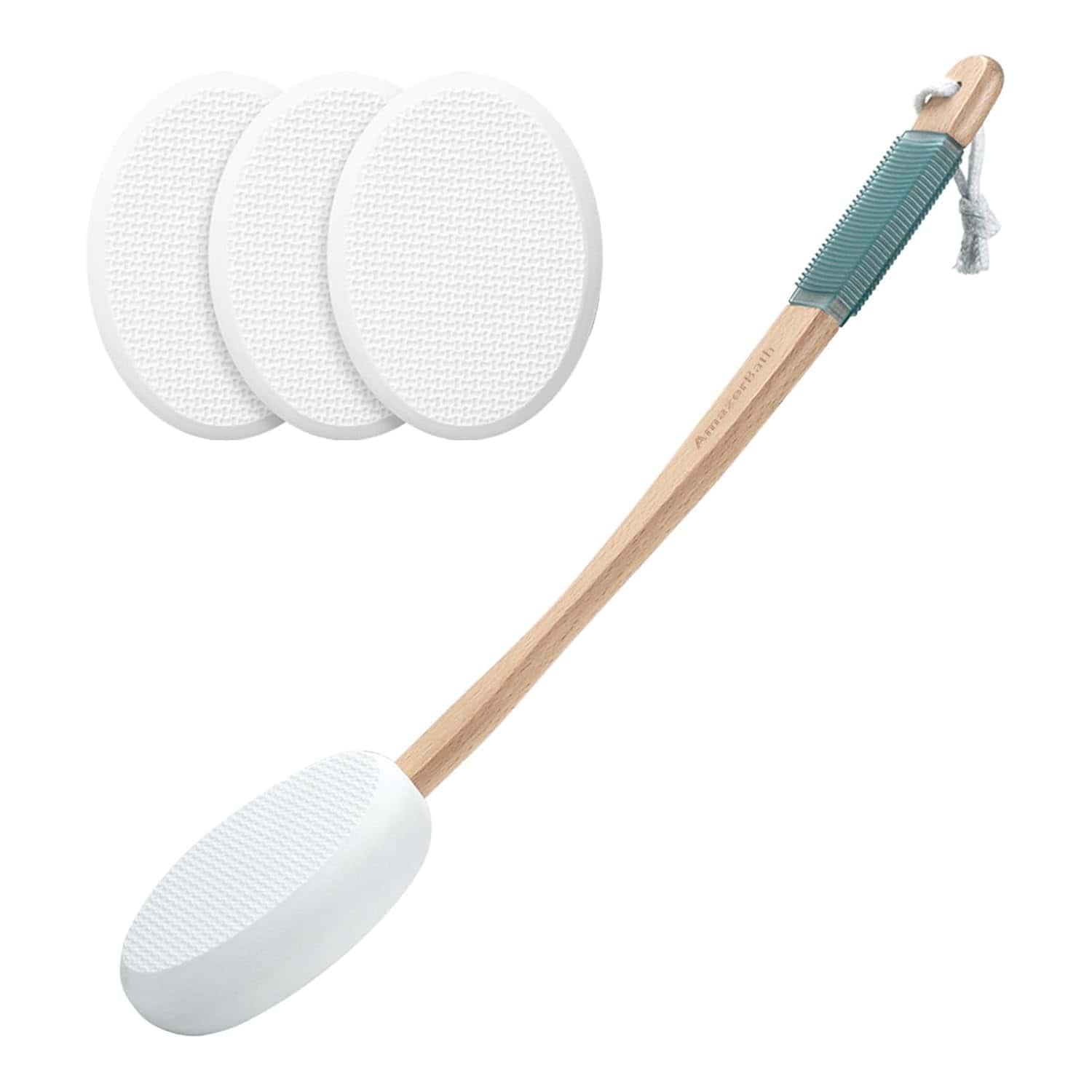 A long-handled bath brush with a textured white scrubbing head, teal grip, hanging cord, and three replacement heads displayed above it.