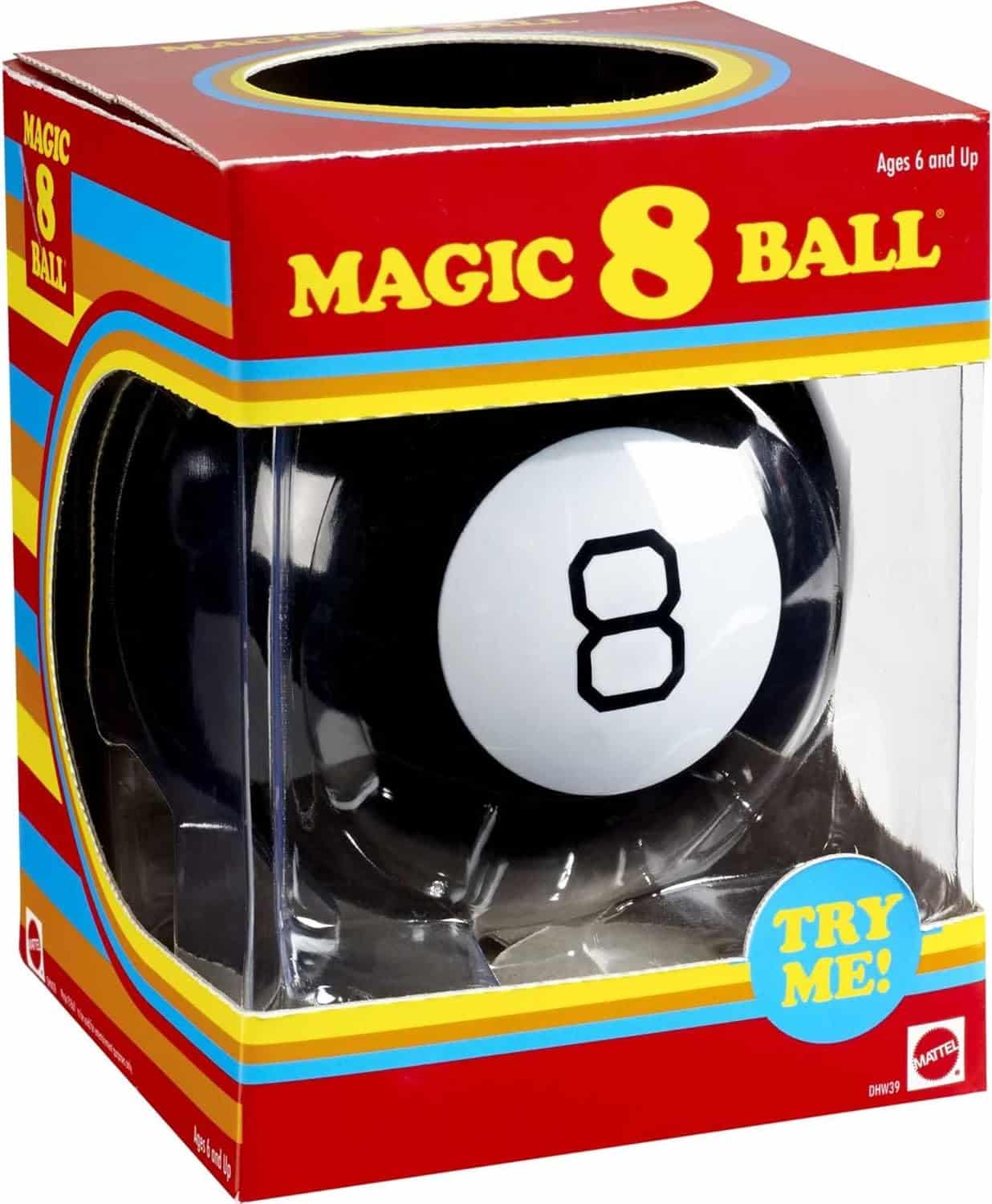 A Magic 8 Ball toy in its packaging, labeled for ages 6 and up, with a "Try Me!" sticker on the front of the box.