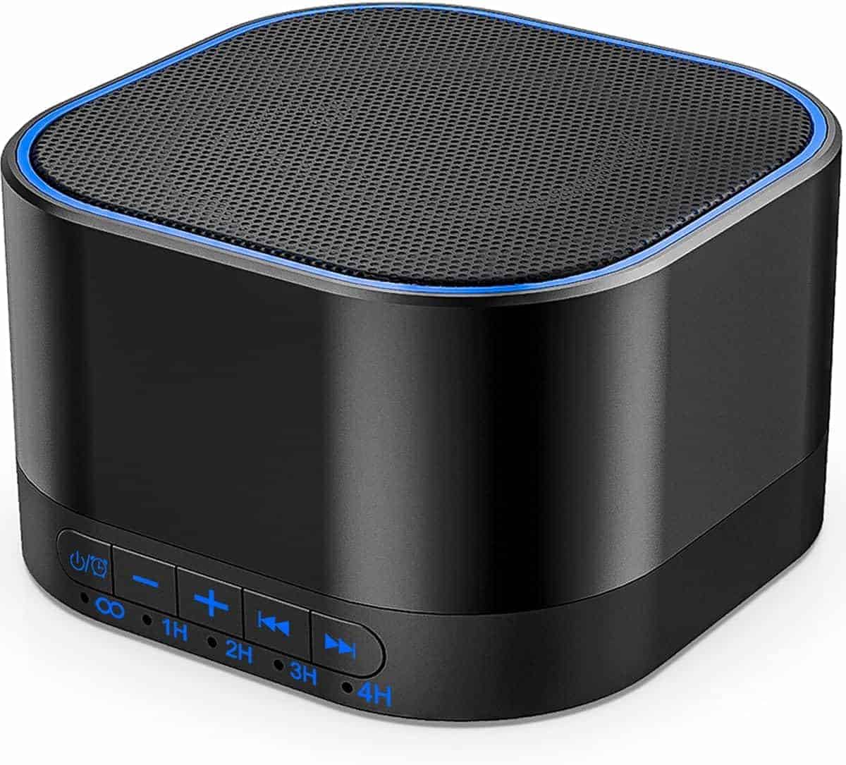 A black portable Bluetooth speaker with control buttons on the front and a blue accent around the grill.