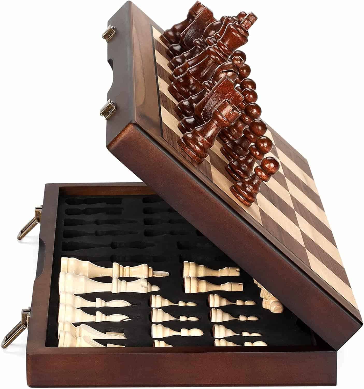 A wooden chess set shown partially open, with dark chess pieces set up on the board and light pieces stored in a foam-lined compartment inside the box.