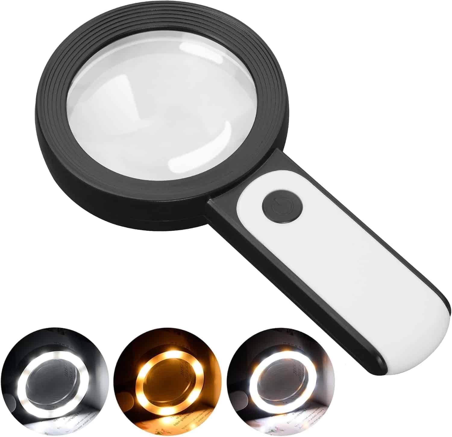 A handheld magnifying glass with a black and white handle featuring a power button, shown with three different LED light color modes: white, yellow, and mixed.