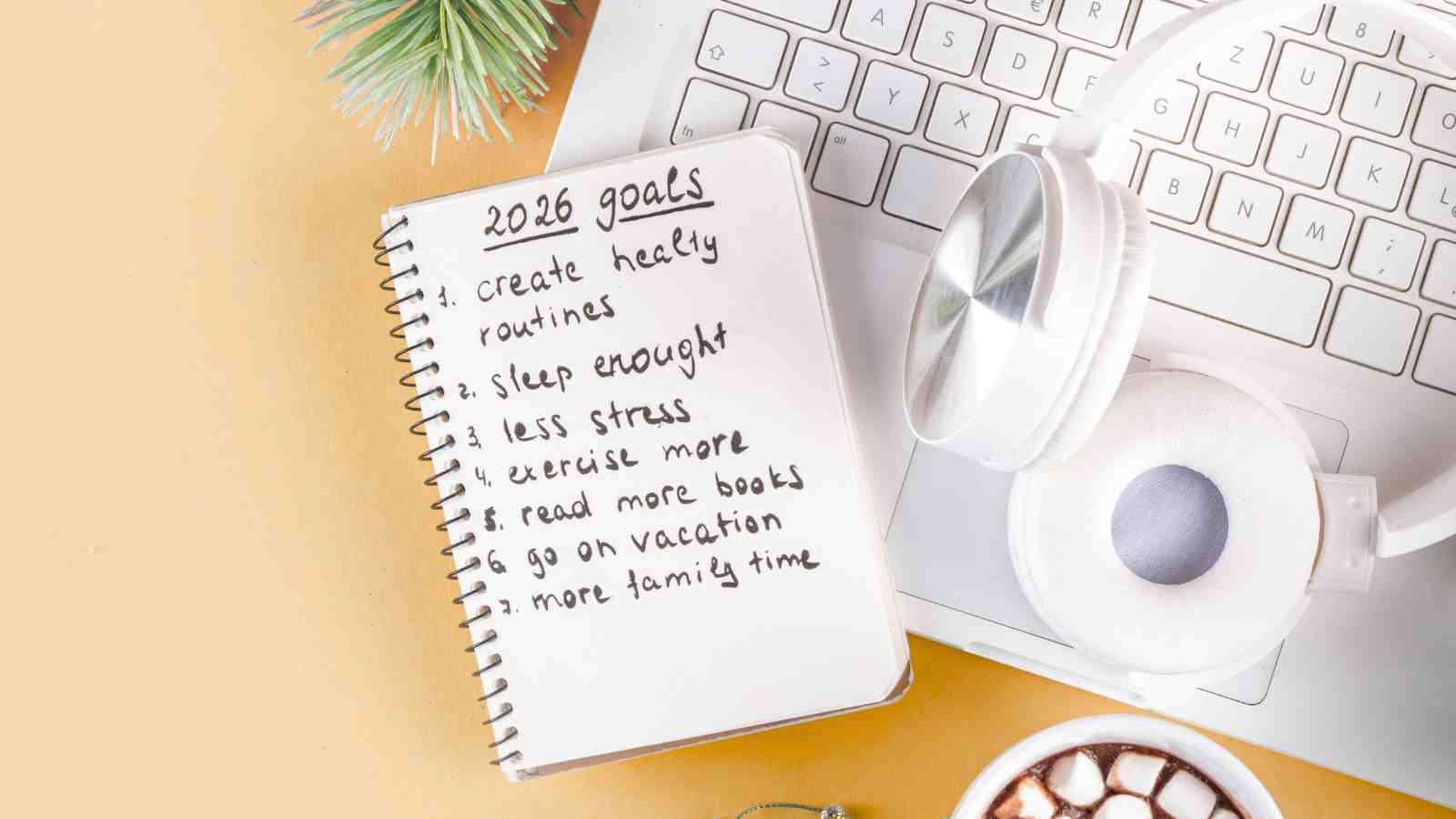 A notebook with a handwritten "2026 goals" list lies on a laptop keyboard next to white headphones, a small pine branch, and a cup of hot chocolate.