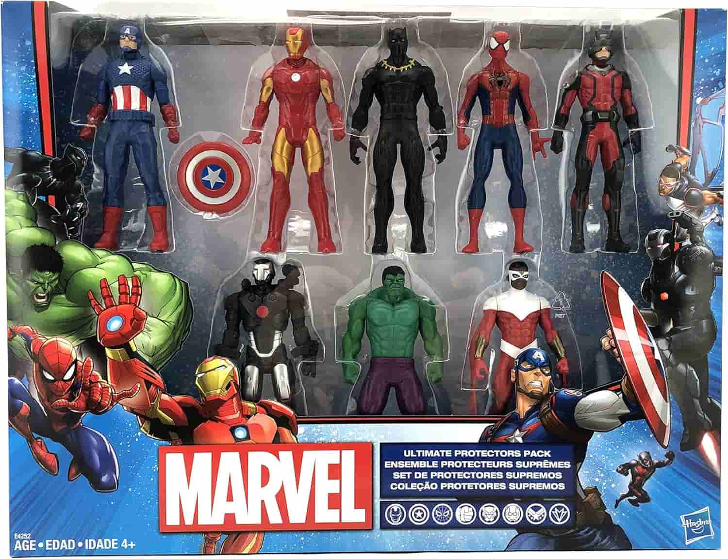 A boxed set of Marvel action figures featuring Captain America, Iron Man, Spider-Man, Black Panther, War Machine, Hulk, and Falcon, displayed in a plastic window package.
