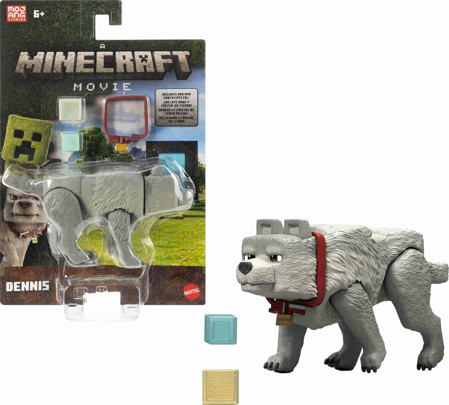 A Minecraft Movie Dennis wolf figurine with a red collar, packaged and loose, includes two small cube accessories, by Mattel.