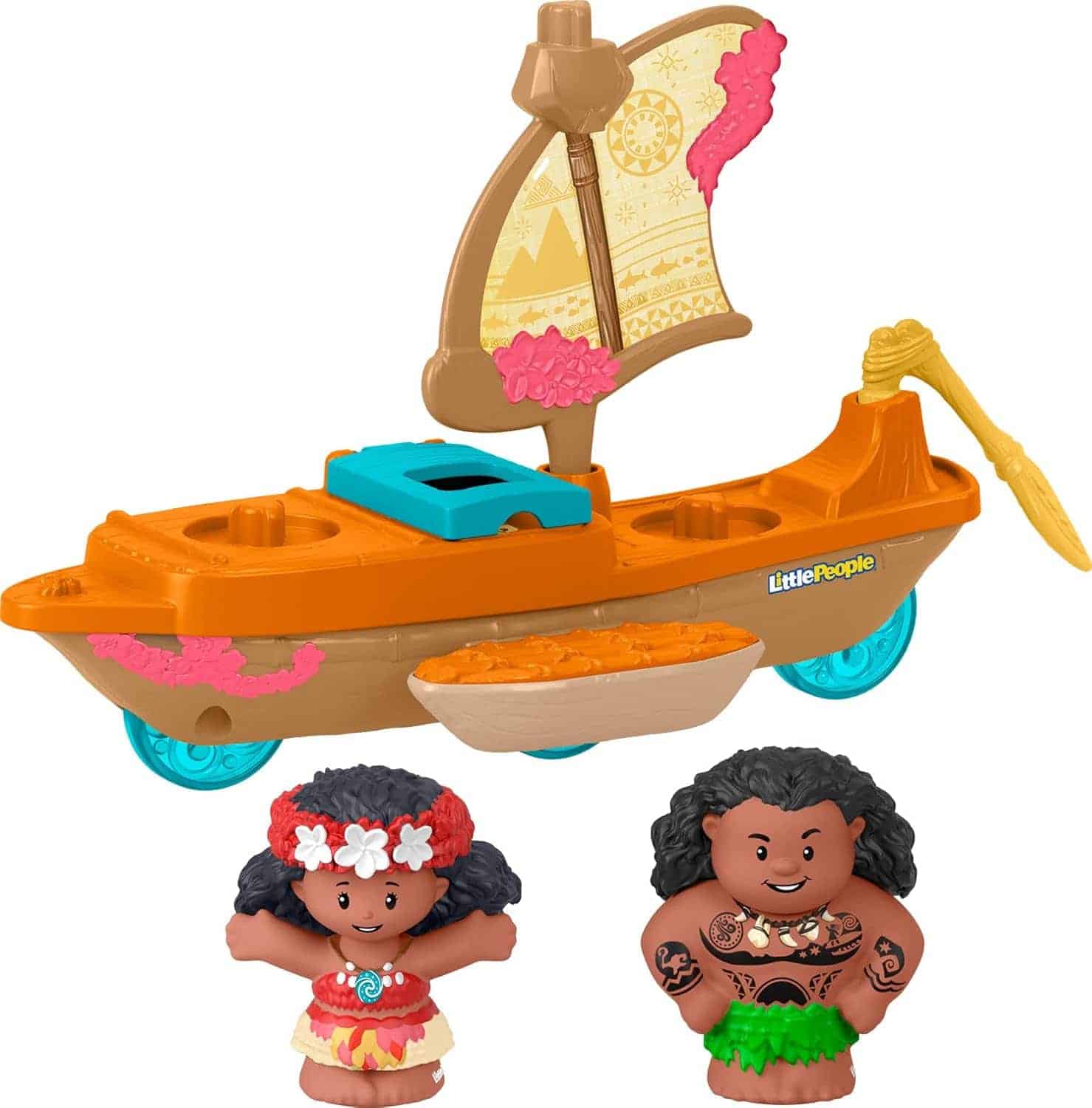 A toy sailboat with a small outrigger, accompanied by two figurines resembling Moana and Maui from Disney's Moana, features bright colors and simple, child-friendly designs.