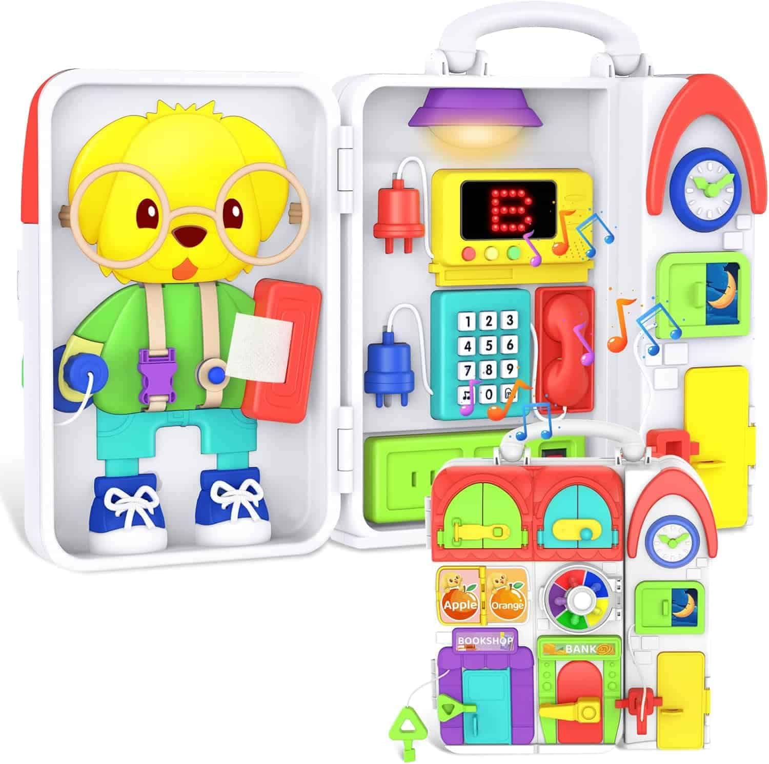 Colorful plastic educational toy set featuring a yellow animal figure and interactive elements like buttons, dials, and switches designed for young children’s learning and play.