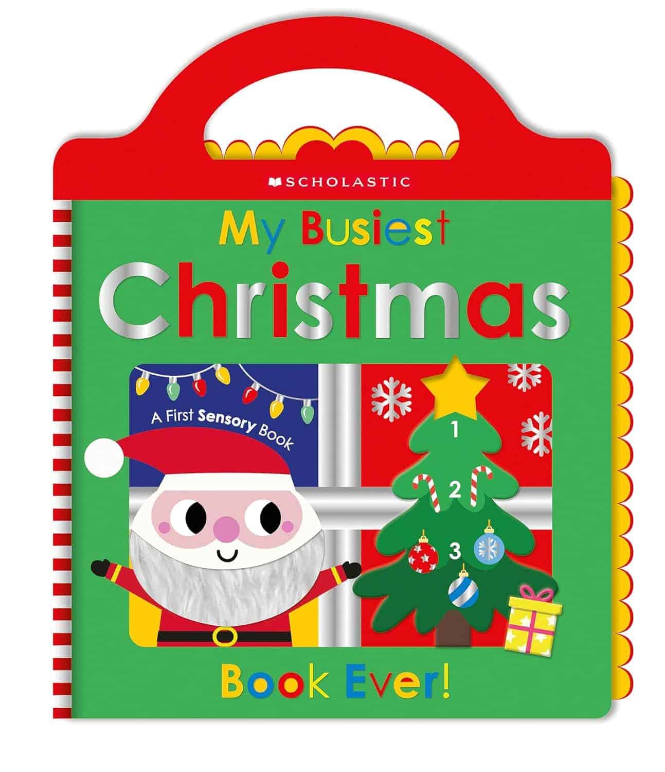 Cover of “My Busiest Christmas Book Ever!” showing Santa, a Christmas tree with numbered ornaments, a present, and festive decorations. The book has a red handle and belongs to Scholastic.