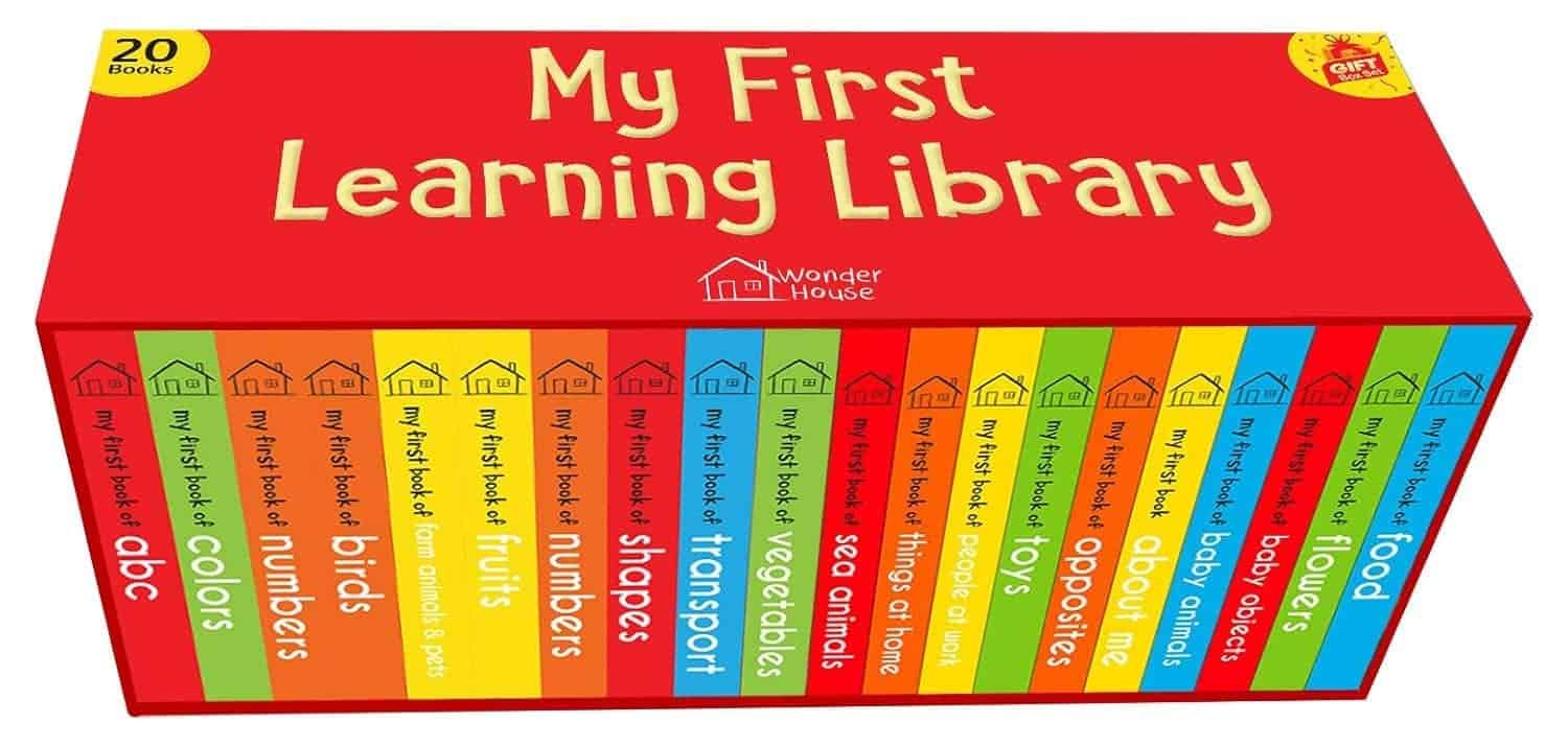 A boxed set of 20 colorful children's board books titled "My First Learning Library" by Wonder House, covering topics like numbers, colors, animals, shapes, and more.
