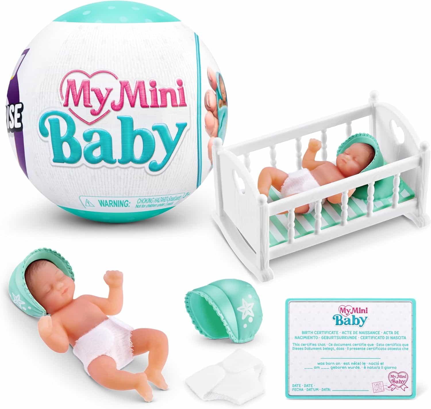 A My Mini Baby toy set with a surprise ball, two baby dolls, a white crib, baby accessories, and a birth certificate card.