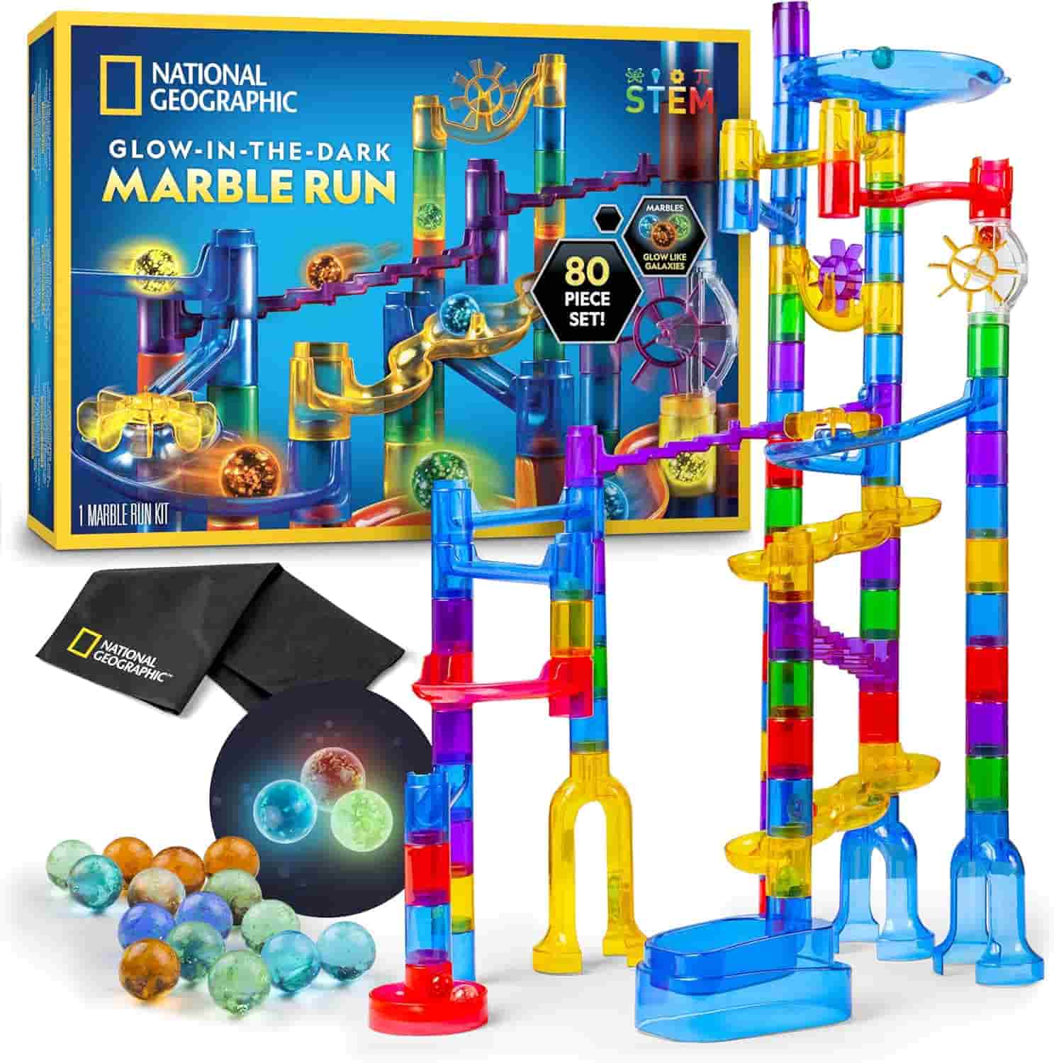 National Geographic Glow-in-the-Dark Marble Run kit with colorful track pieces, marbles, a storage bag, and the product box featuring 80 pieces and STEM branding.