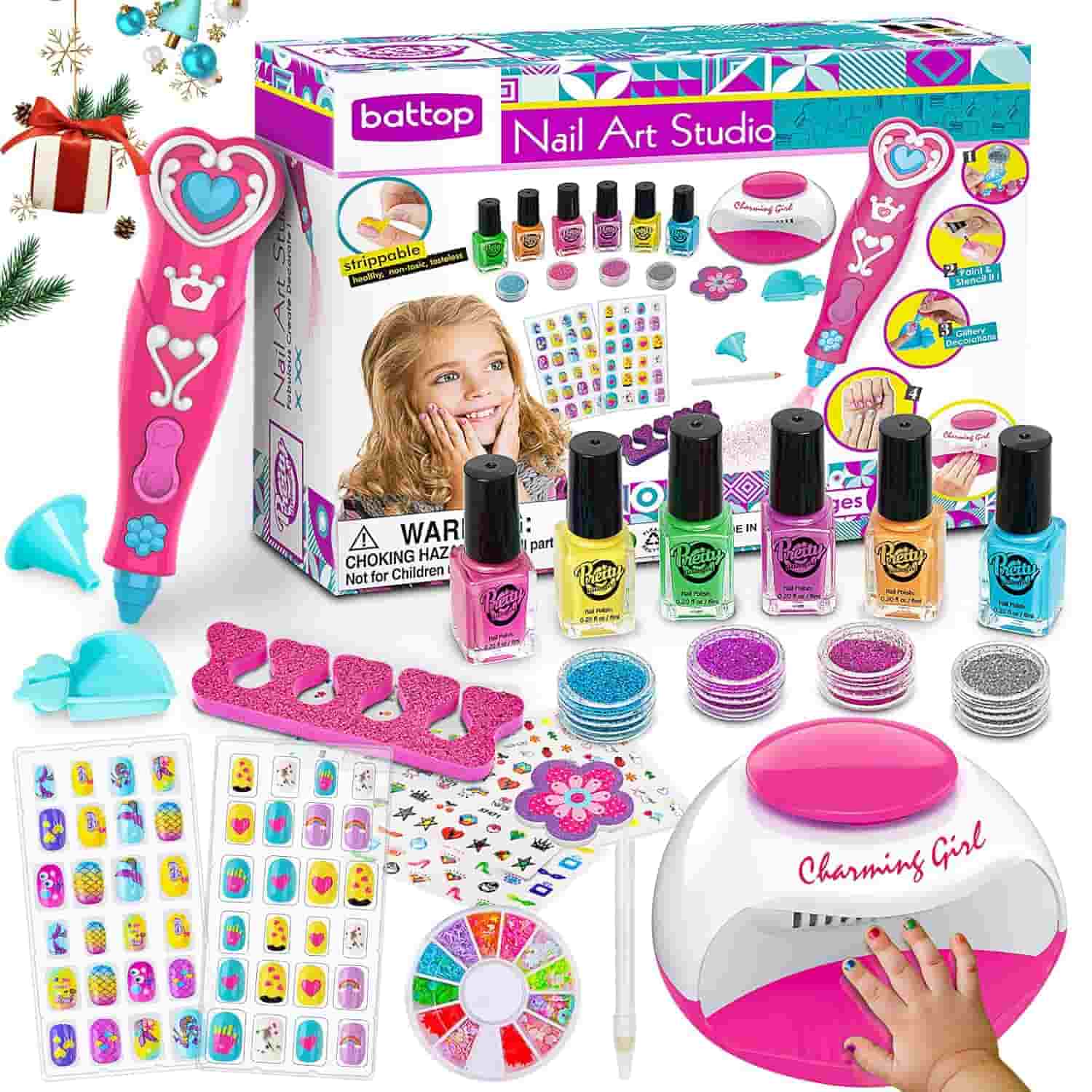 Colorful Batop Nail Art Studio kit for kids with polishes, stickers, nail dryer, tools, and decorations, shown with packaging and manicure accessories.