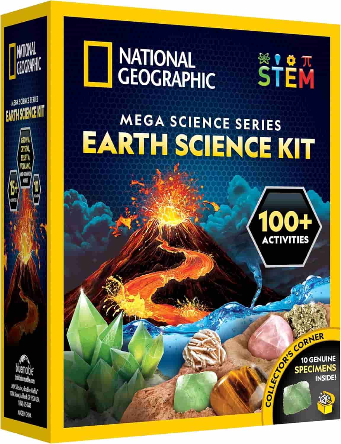 National Geographic Earth Science Kit box featuring a volcano, crystals, minerals, and rocks. Text highlights 100+ activities and 10 genuine specimens inside.
