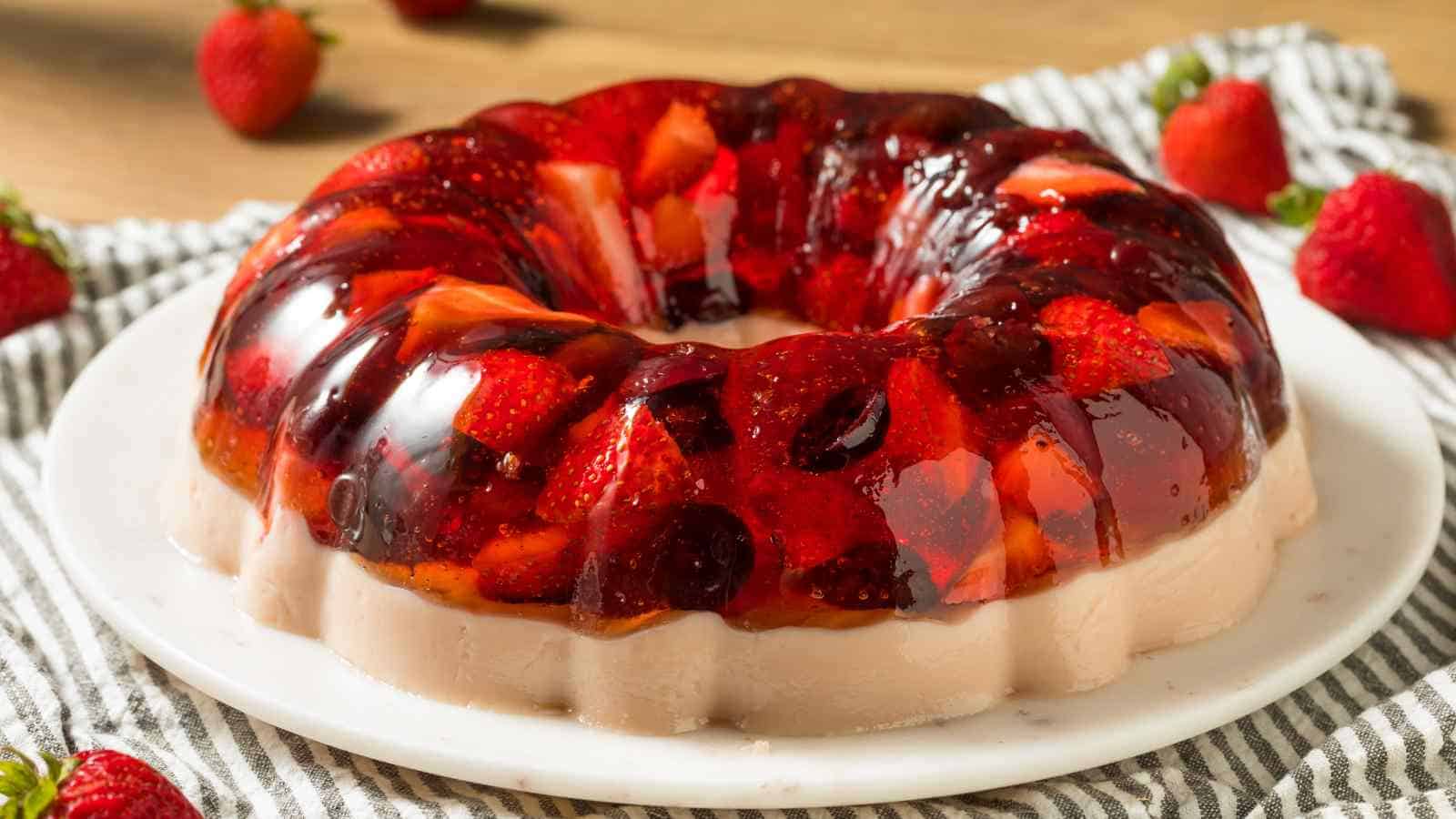 A gelatin dessert ring with visible strawberries and fruit pieces sits on a white plate, surrounded by whole strawberries.