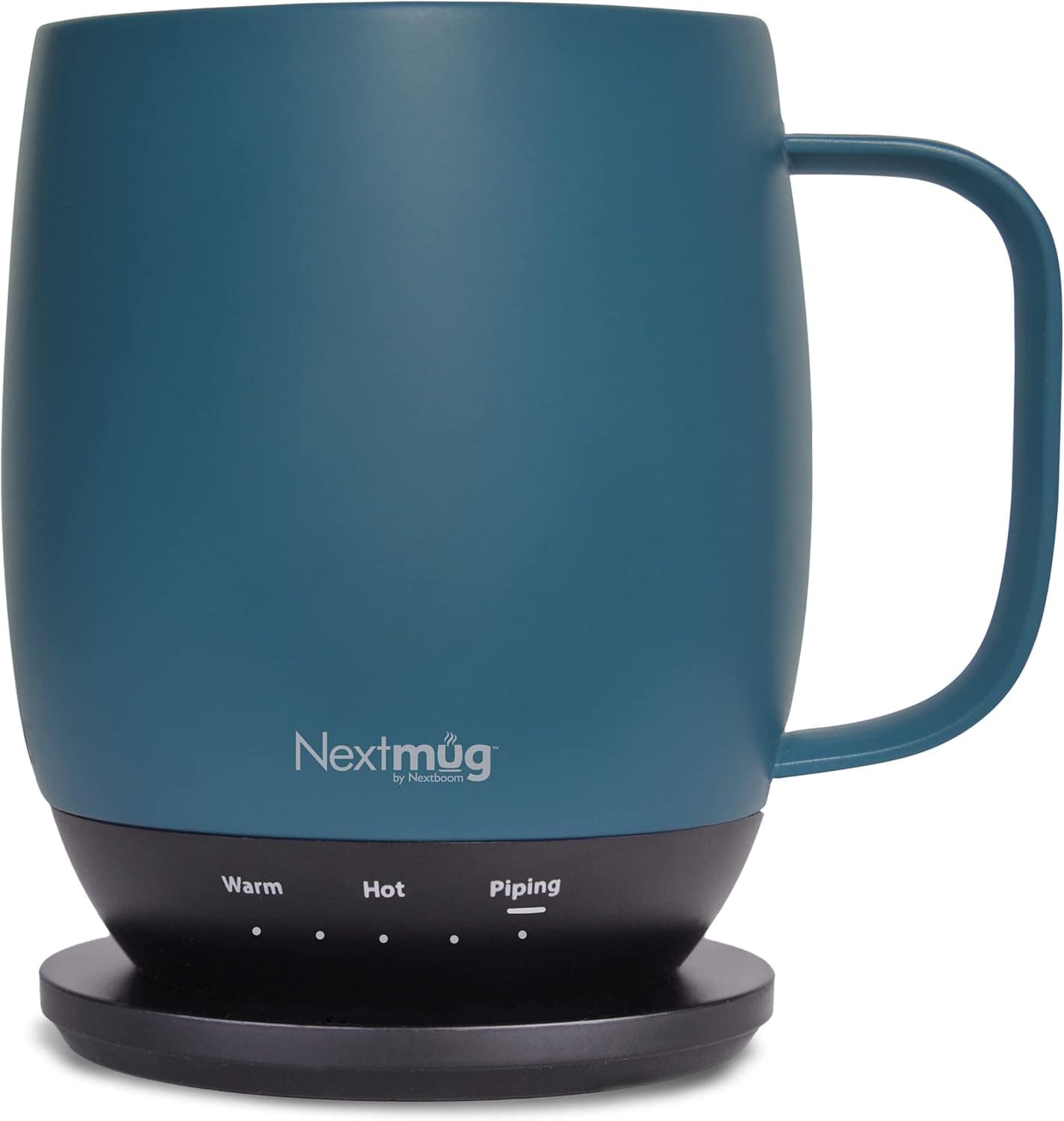A blue Nextmug electric mug sits on its black base with three temperature settings: Warm, Hot, and Piping, indicated by lights on the base.