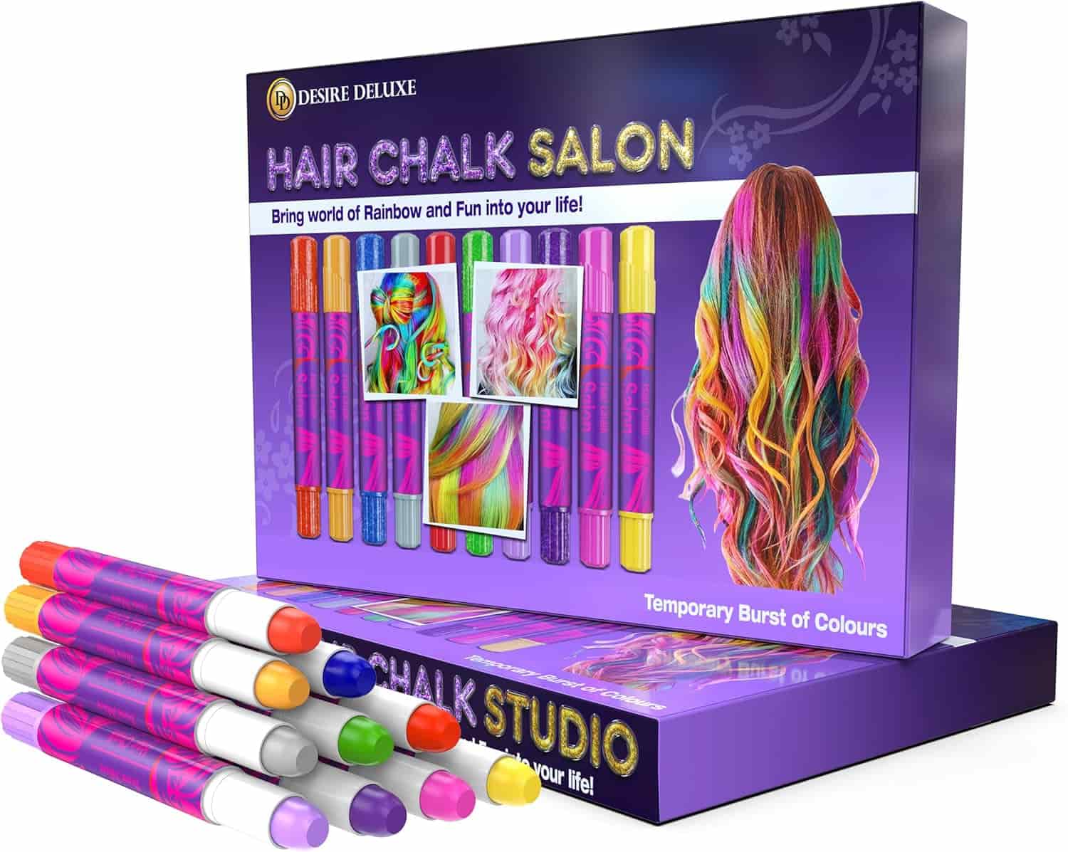 Desire Deluxe Hair Chalk Salon kit packaging, showing six colorful hair chalk pens and images of multicolored hairstyles on a purple box.
