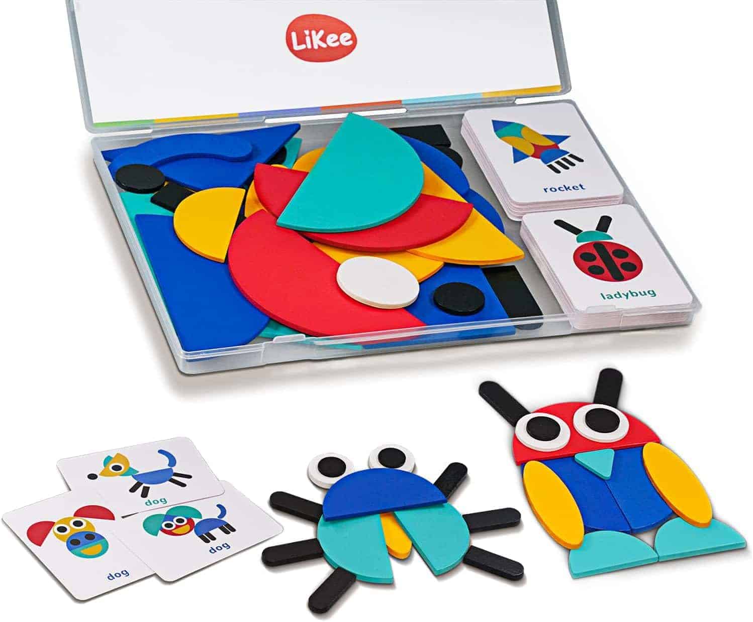 A plastic box with colorful geometric puzzle pieces, and cards showing designs like a rocket, ladybug, and dogs, with assembled shapes displayed next to the box.