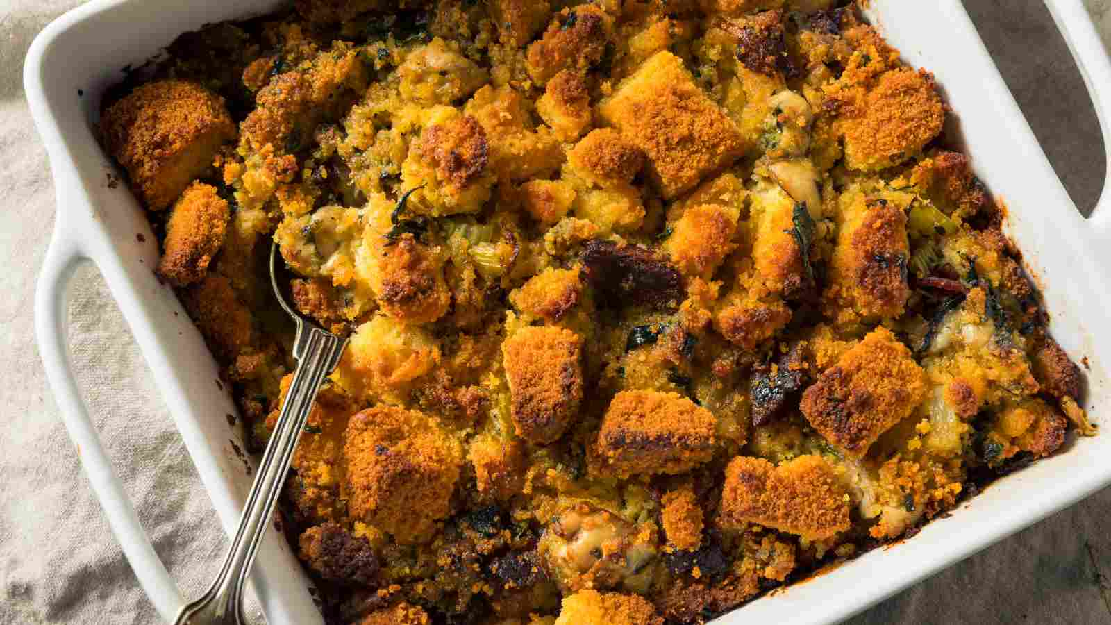 A baked cornbread stuffing in a white casserole dish with a serving spoon, featuring golden brown, crispy bread cubes.
