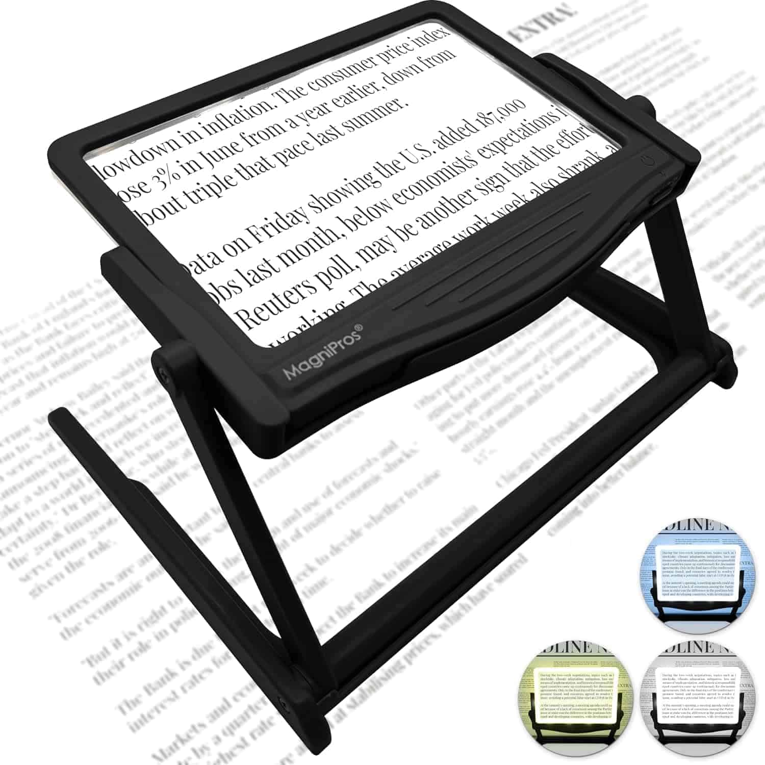 A black stand magnifier enlarges printed text on a page; three smaller images show the magnifier with different colored backgrounds.