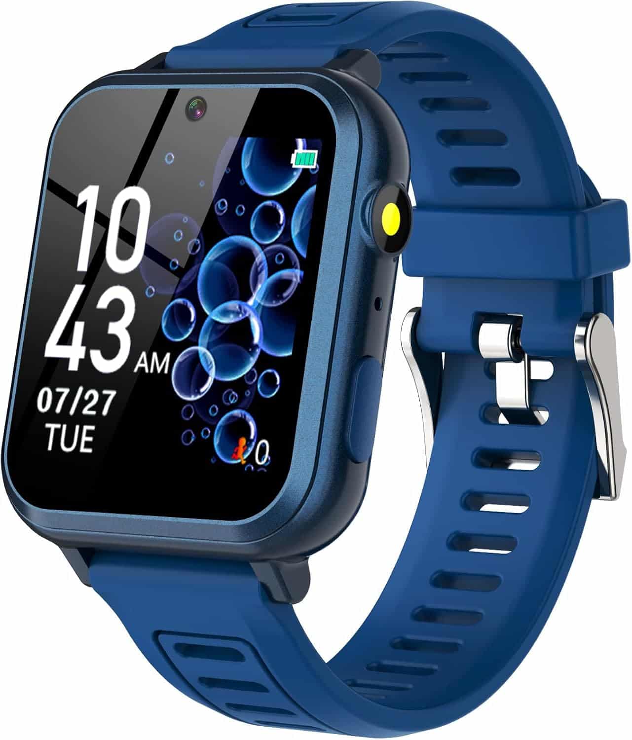 A blue smartwatch displaying the time, date, battery level, and a bubbles wallpaper on its screen.