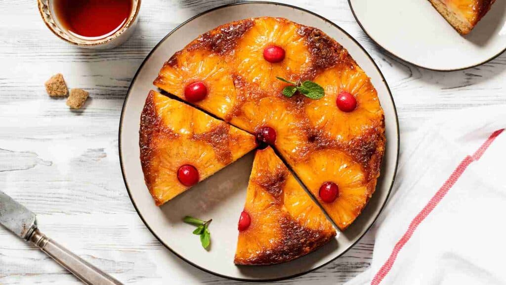 A pineapple upside-down cake topped with pineapple rings and cherries is sliced on a plate, with one piece on a separate plate nearby.