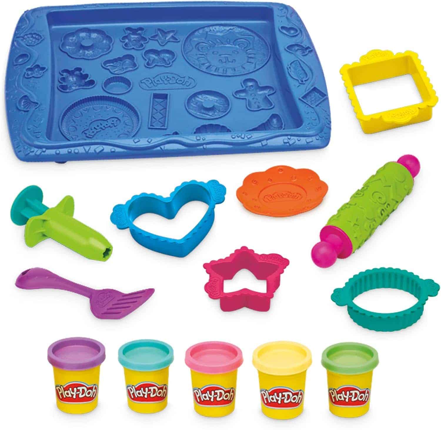 A Play-Doh set with a blue mold tray, various plastic shaping tools, and six colorful tubs of Play-Doh arranged at the bottom.