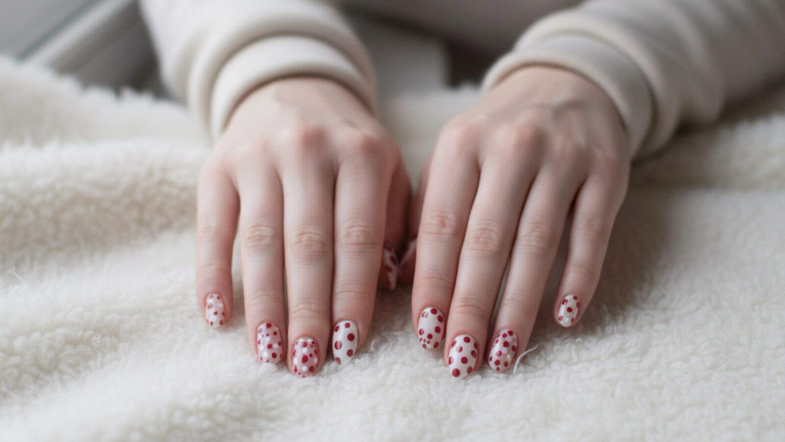 Two hands with red and white polka dot nail art rest on a white fluffy surface.