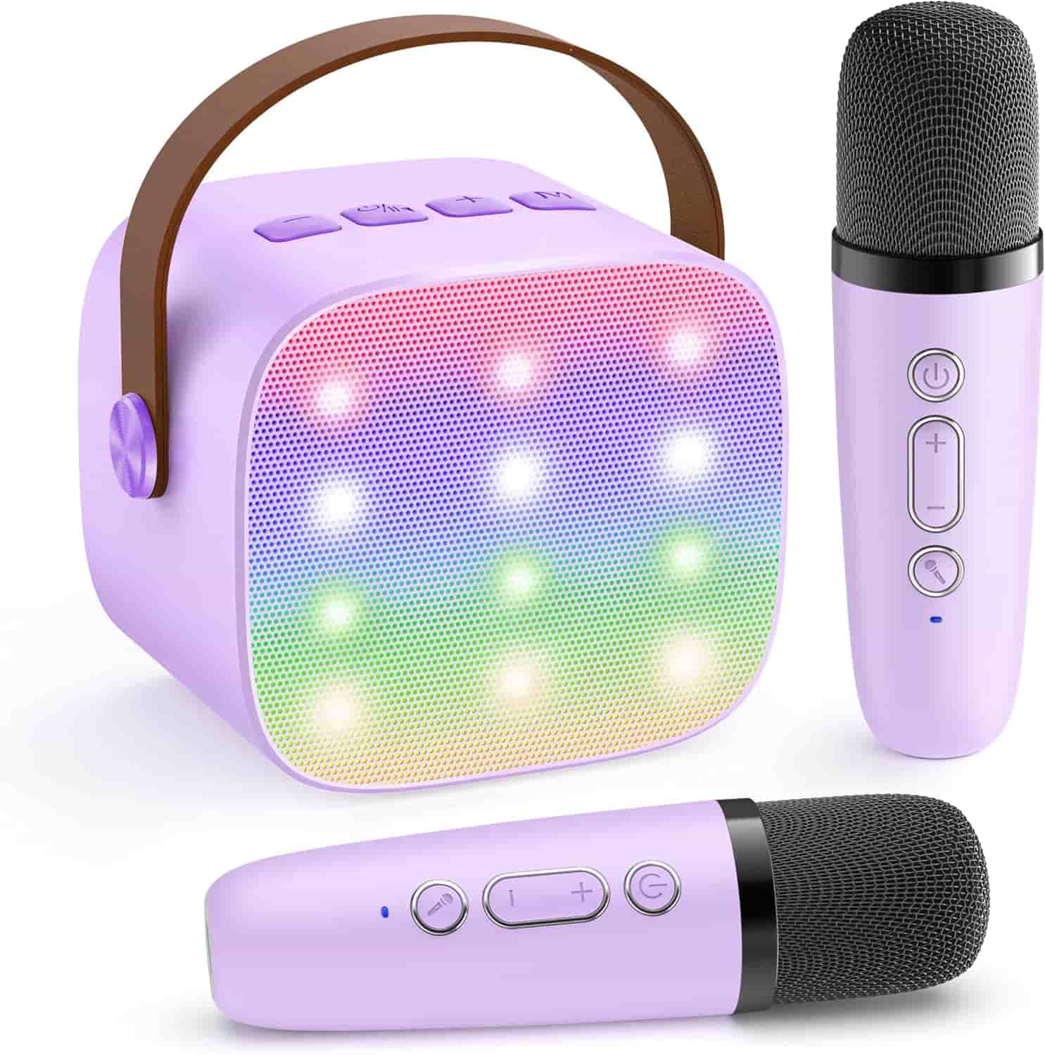 A portable purple karaoke machine with a brown handle, colorful LED lights, and two matching wireless microphones.