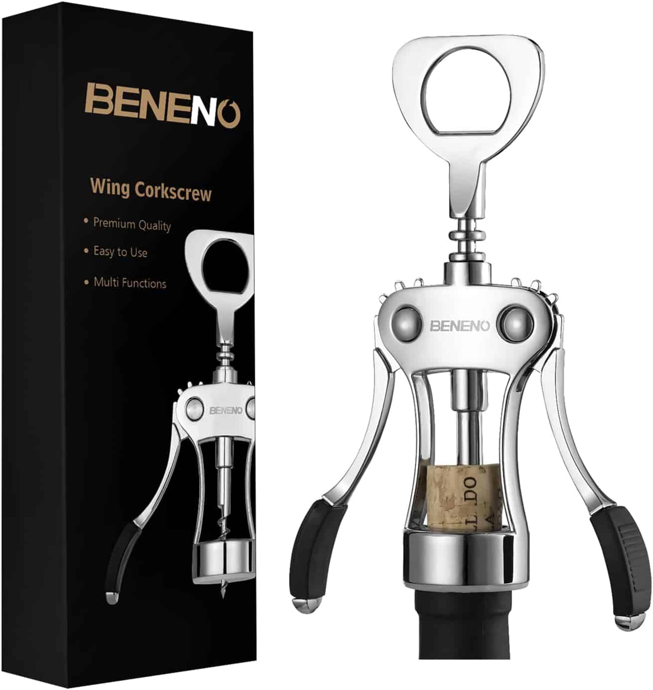 A BENENO wing corkscrew is shown next to its packaging box, featuring a metal design with black handles and a cork partially removed from a bottle.