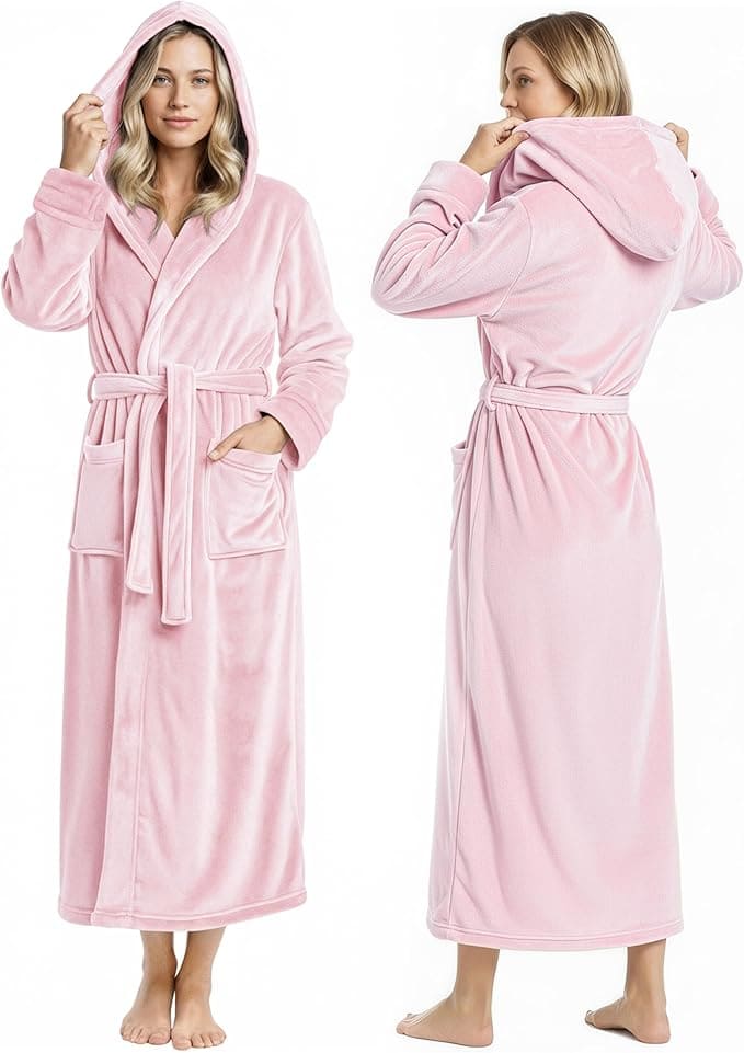 Two views of a woman wearing a long, hooded, pink fleece bathrobe with front pockets and a waist tie; shown from the front and back.