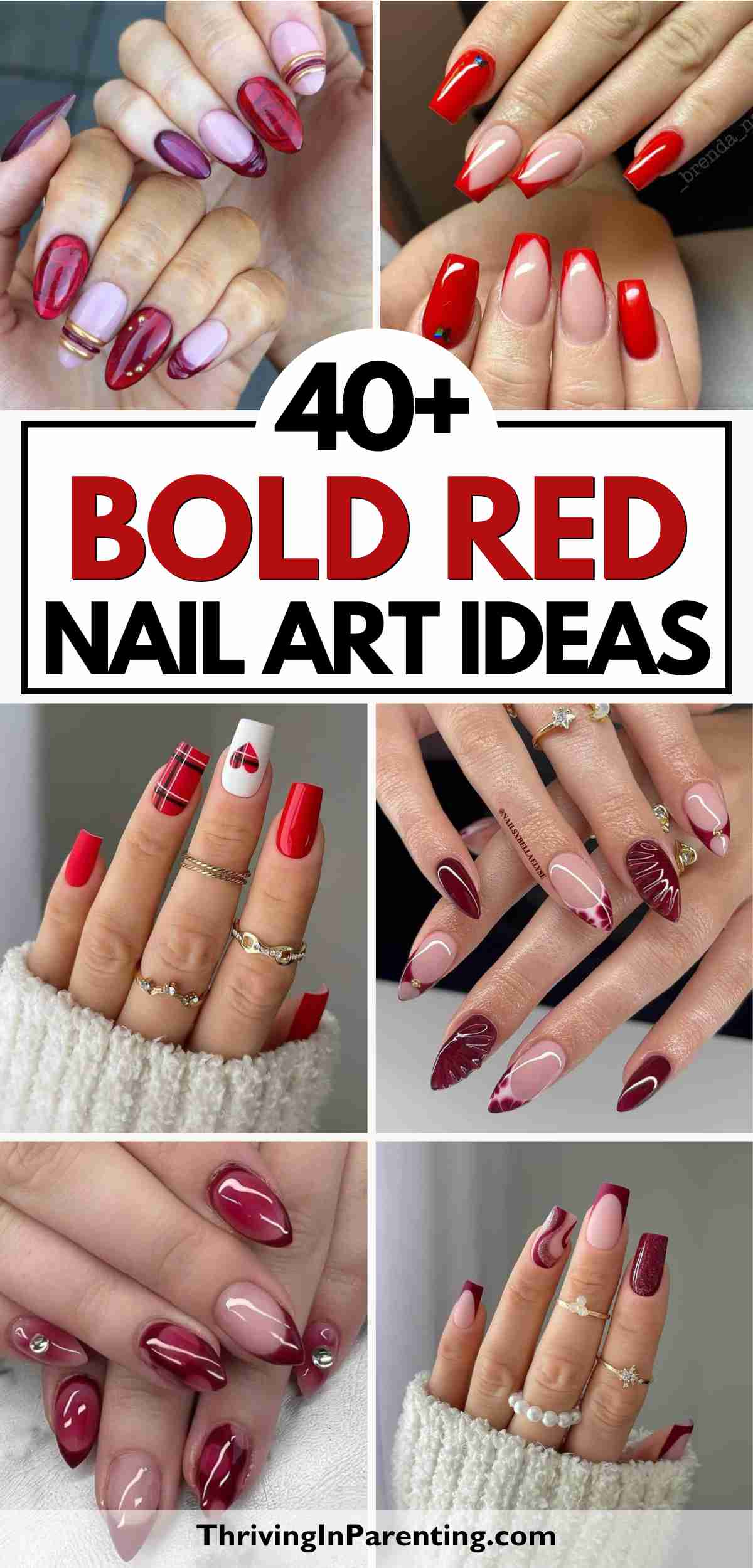A collage of various red nail ideas and pink nail art designs, featuring patterns, hearts, and different shades, with the text "40+ Bold Red Nail Art Ideas.