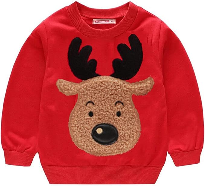 Red children's sweater featuring a large, plush reindeer face with antlers on the front.