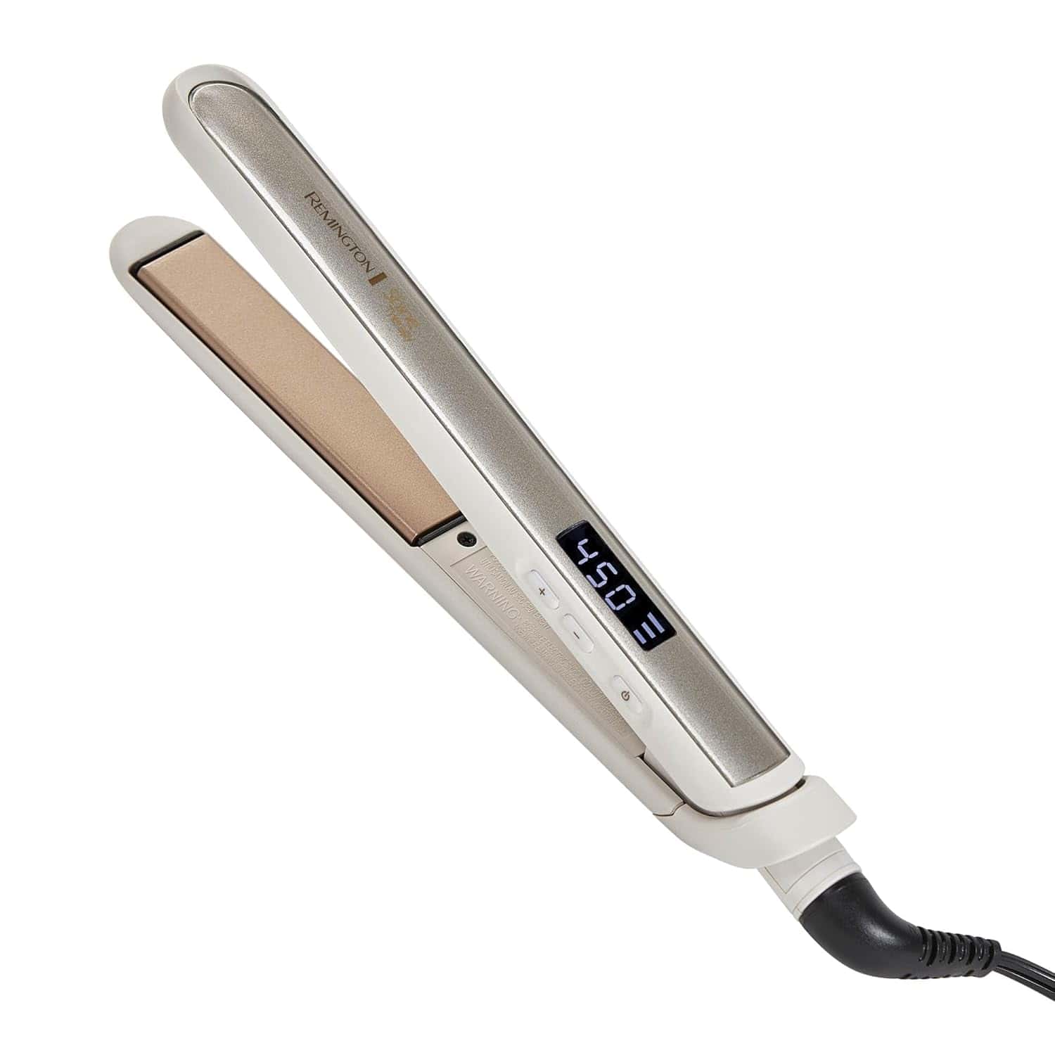 A beige and silver Remington hair straightener with a digital display showing a temperature of 450°F, plugged in and turned on.