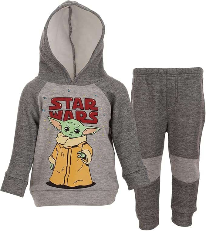 Gray children's hoodie and pants set featuring a "Star Wars" design with a graphic of Baby Yoda on the front of the hoodie.