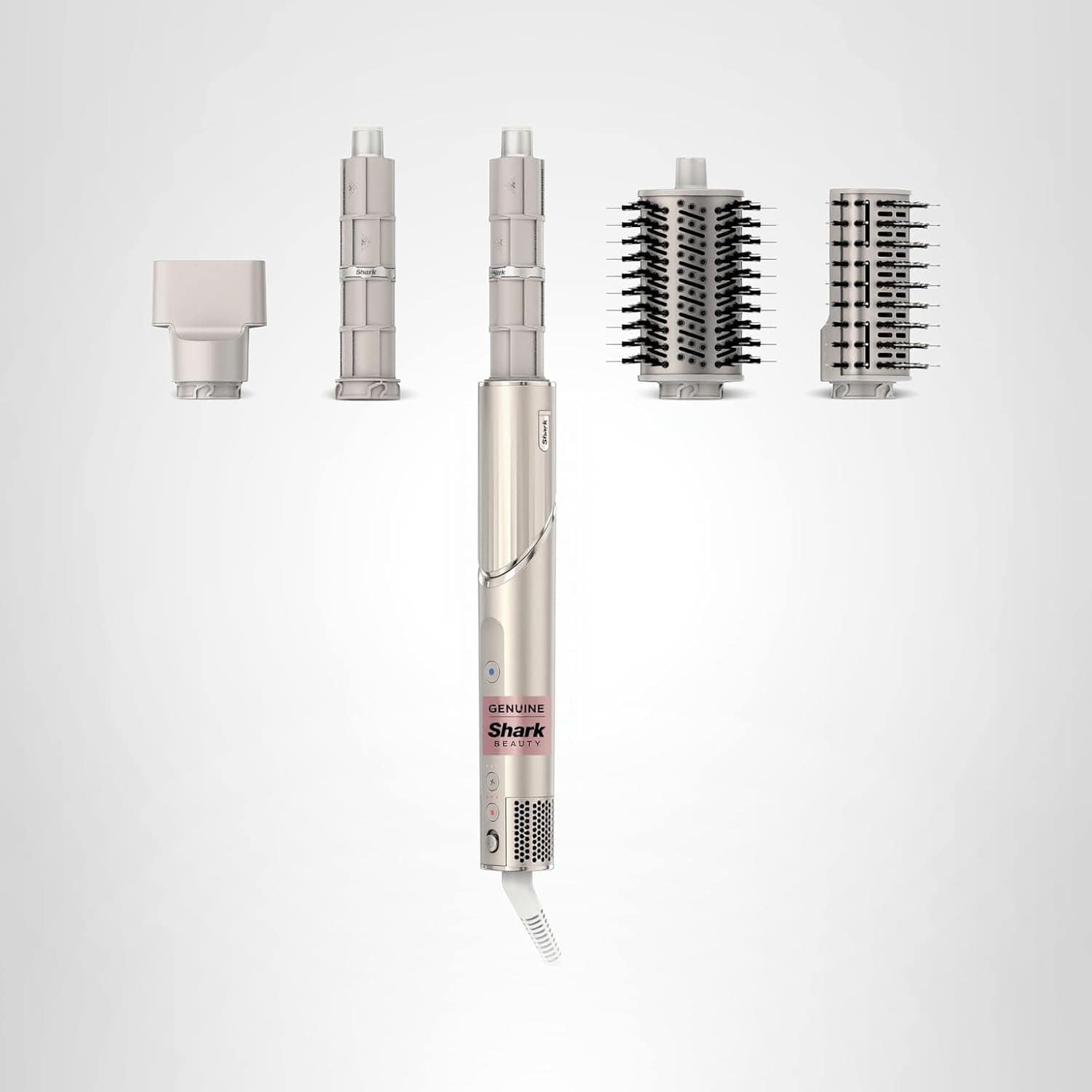 A hair styling tool with five interchangeable attachments, including brushes and curling barrels, displayed on a plain light background.