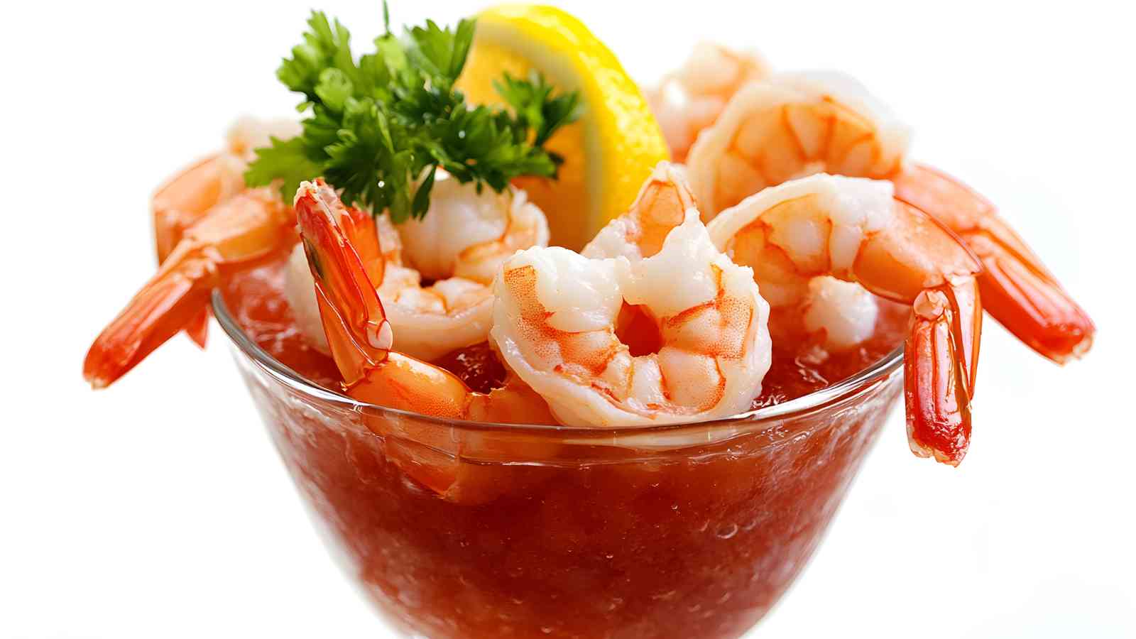 A glass dish filled with shrimp cocktail, garnished with a lemon slice and parsley, with cocktail sauce at the bottom.
