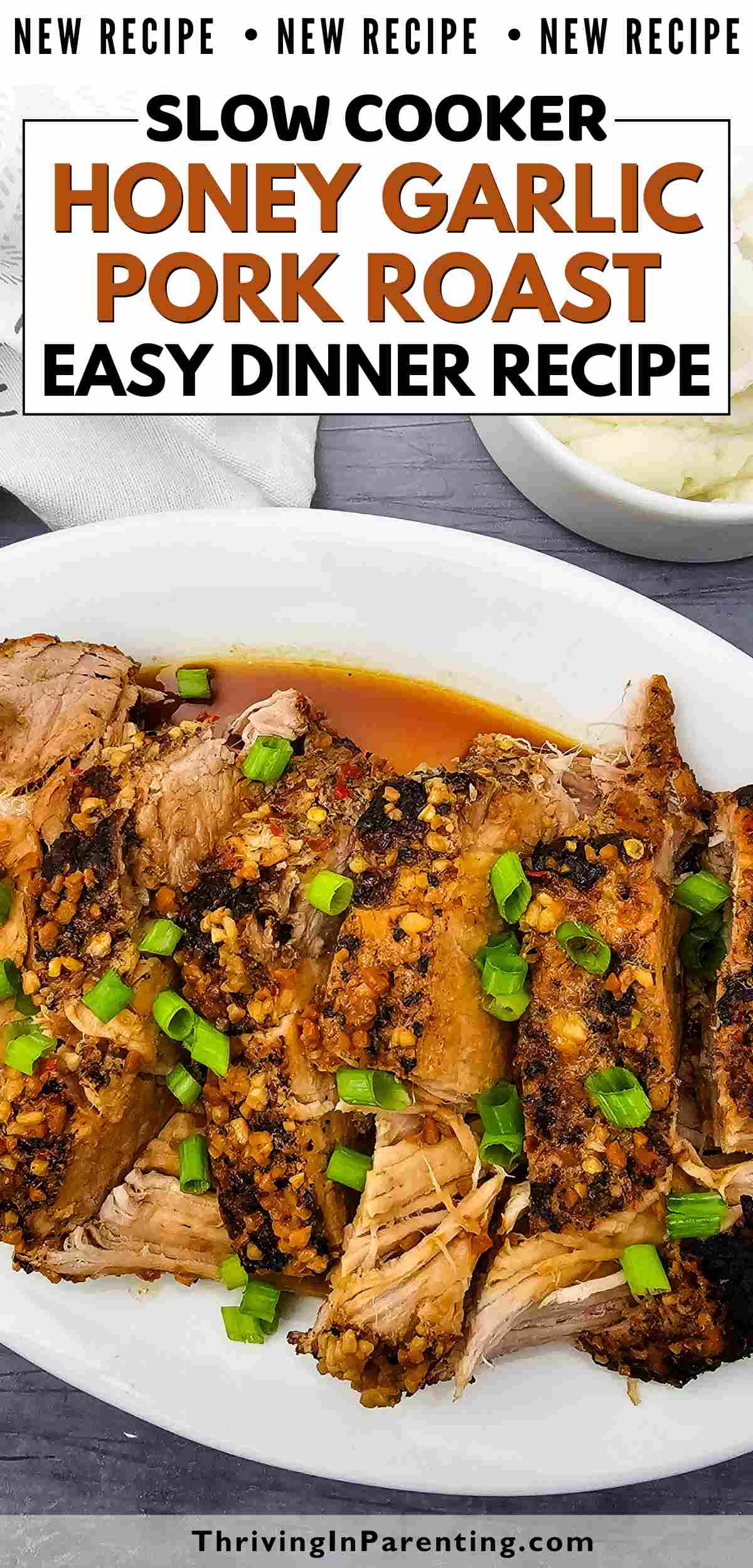 Pin image of slow cooker honey garlic pork roast recipe blog post.