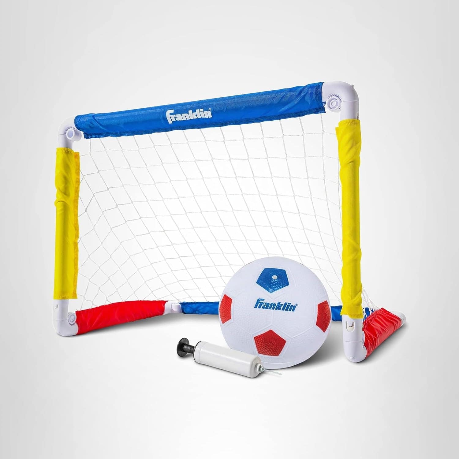 A small soccer goal with a net, a white soccer ball with blue and red patches, and a hand pump, all branded "Franklin," are shown against a plain background.