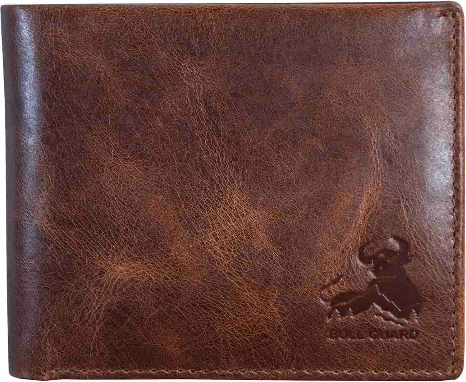 A brown leather wallet with a debossed bull and the words “BULL GUARD” on the lower right corner.