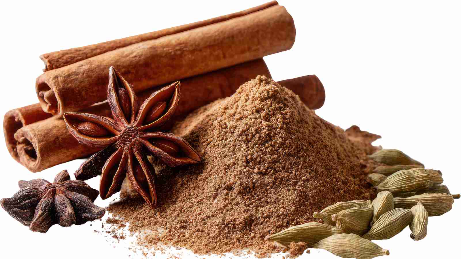 Whole cinnamon sticks, star anise, cardamom pods, and a mound of ground spice blend are arranged on a white background.