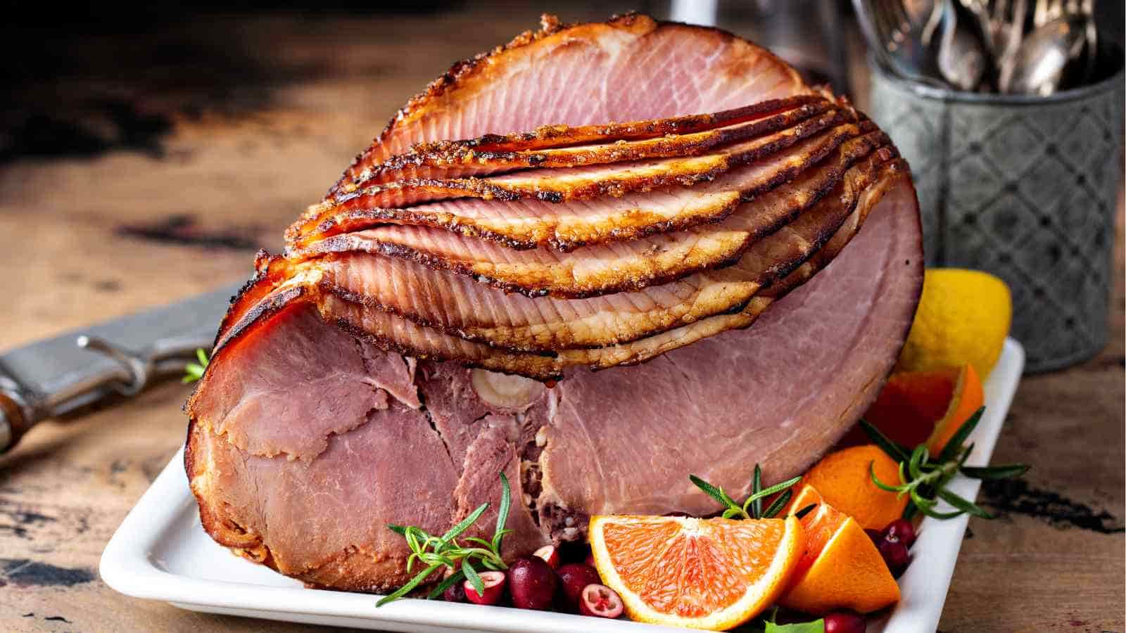A sliced glazed ham is served on a white platter, garnished with orange wedges, cranberries, and herbs.