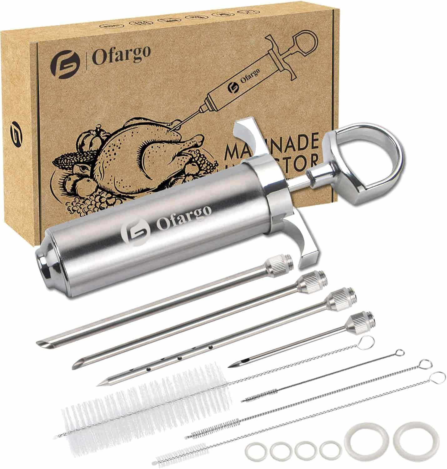 Stainless steel marinade injector kit with three needles, cleaning brushes, spare parts, and a storage box featuring a turkey illustration.