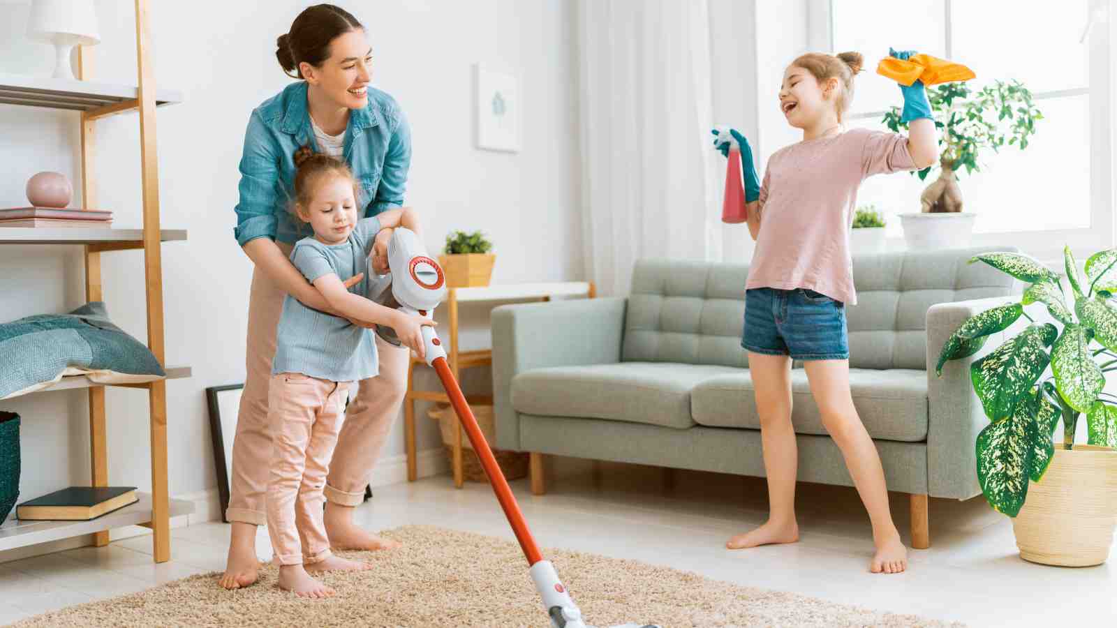 A woman and two children are cleaning a living room; one girl vacuums the carpet with help, while the other holds cleaning cloths and looks cheerful.
